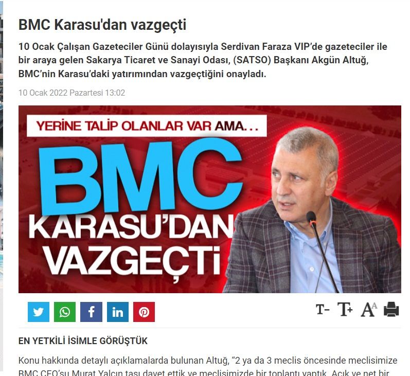 BMC Gave Up from its Tank investment in Sakarya Karasu