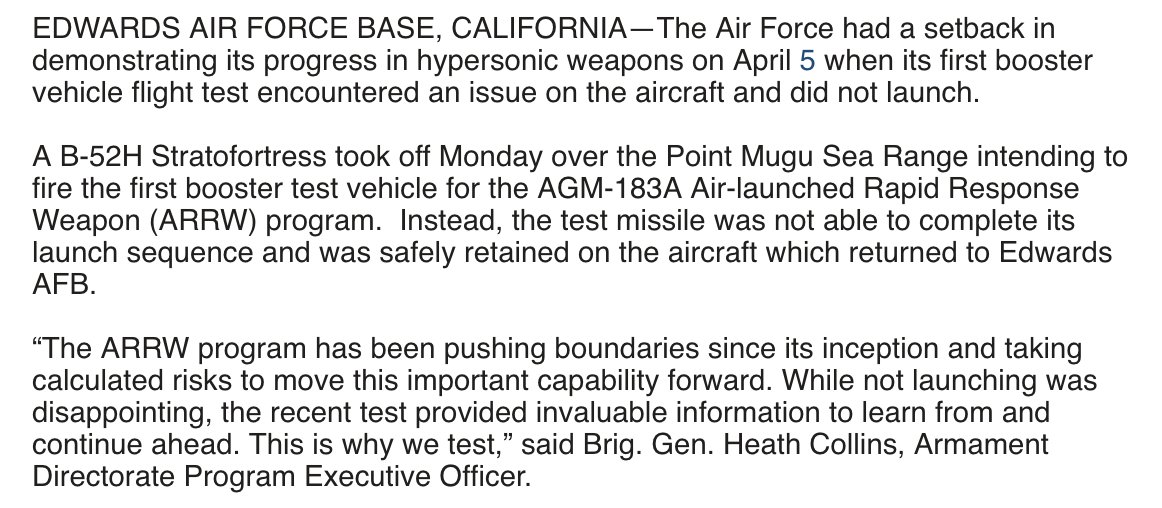 USAF failed at First ARRW Attempt
