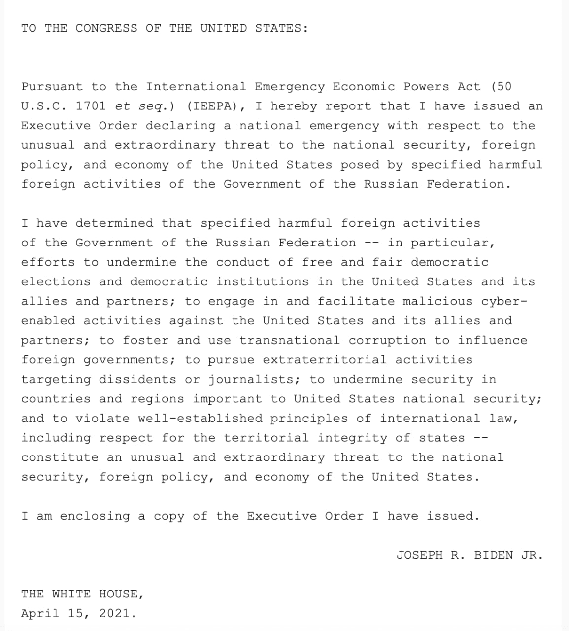 Biden Administration Declares National Emergency Over Russia