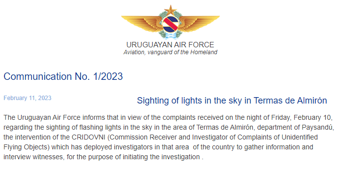 Uruguayan Air Force Investigating Flashing Lights in the Sky 